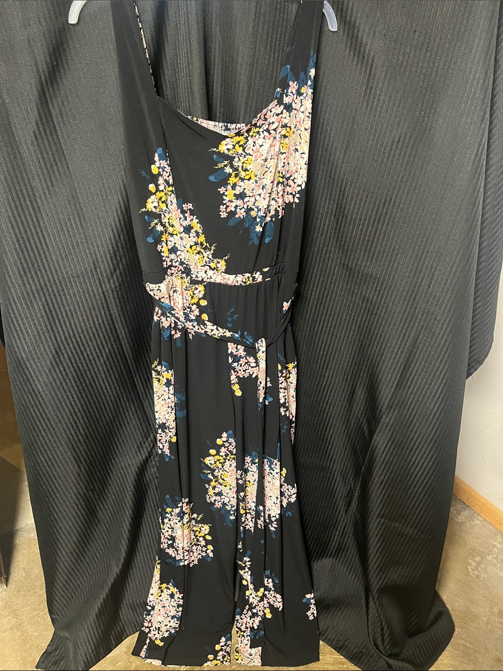 Maurices Black jumpsuit with Pink, Yellow & Blue Floral Print
